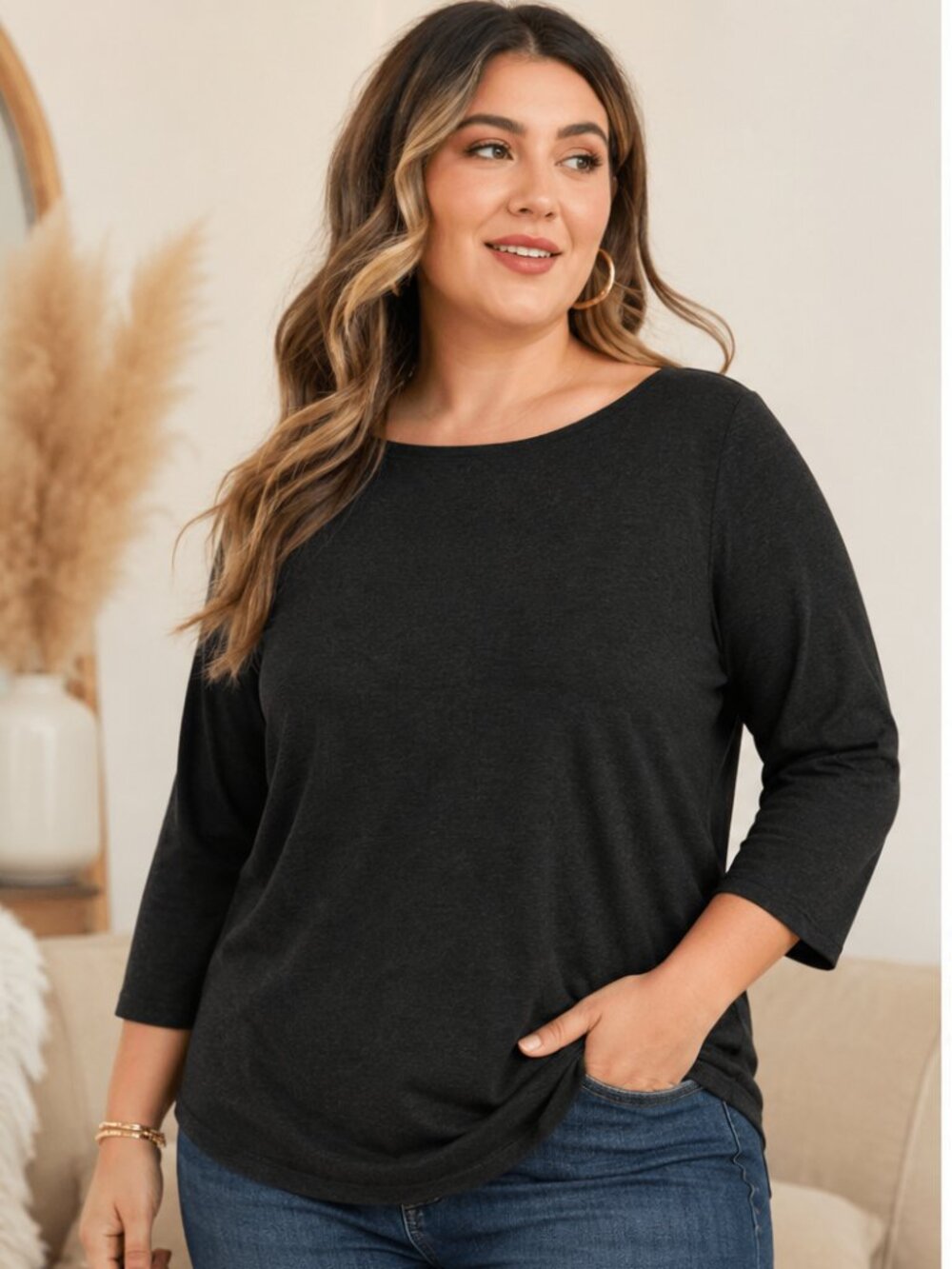 Classic Black 3/4 Sleeve Knit Top | Effortless Wardrobe Essential